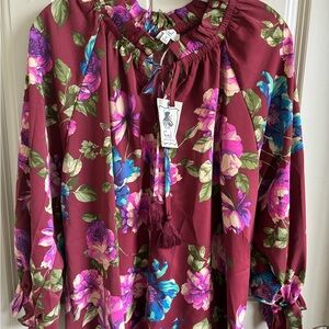 Easel Maroon Floral Blouse with Tassel Ties